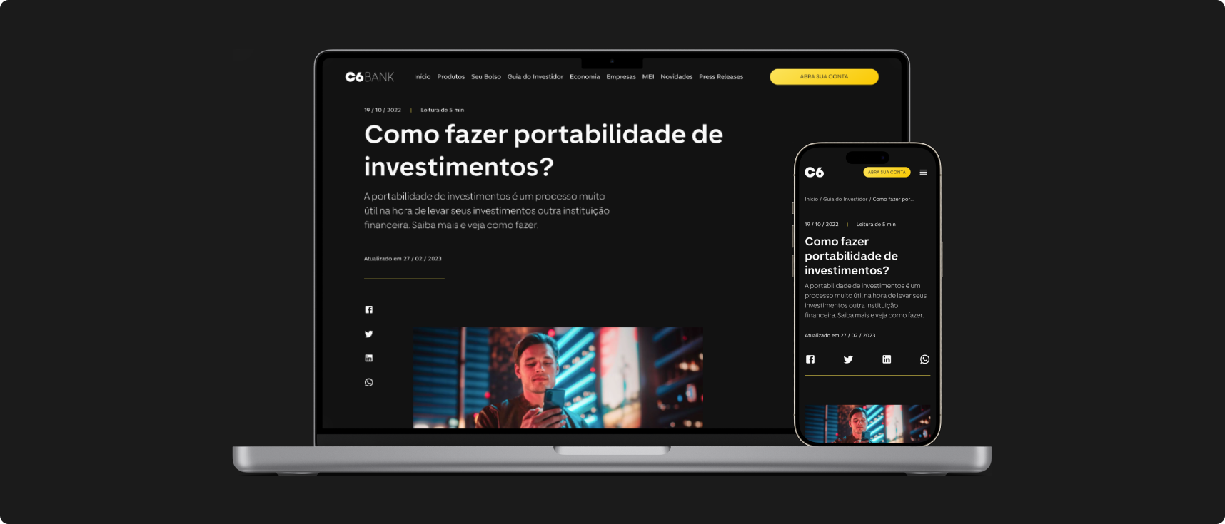 Foto de notebook aberto em tela do blog C6 Bank no texto sobre "Como fazer portabilidade de investimentos?"