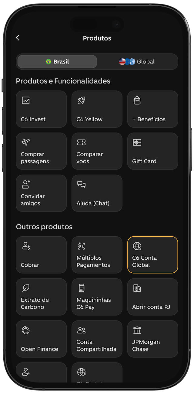 Celular com app C6 Bank aberto no menu de serviços com opção de Conta Global selecionada