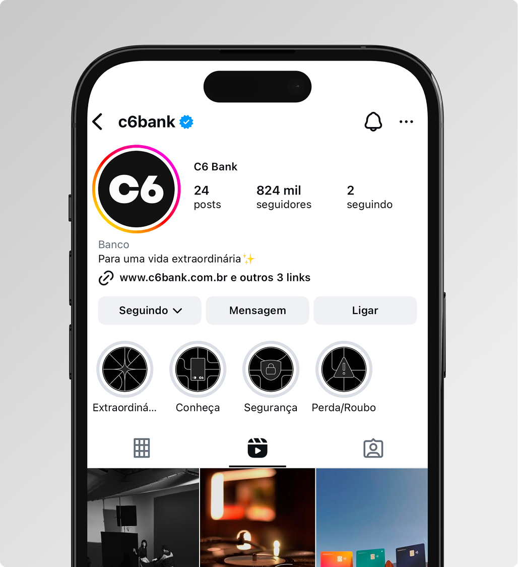 Tela de um smartphone exibe o perfil oficial do C6 Bank no Instagram, com bio, seguidores e destaques.