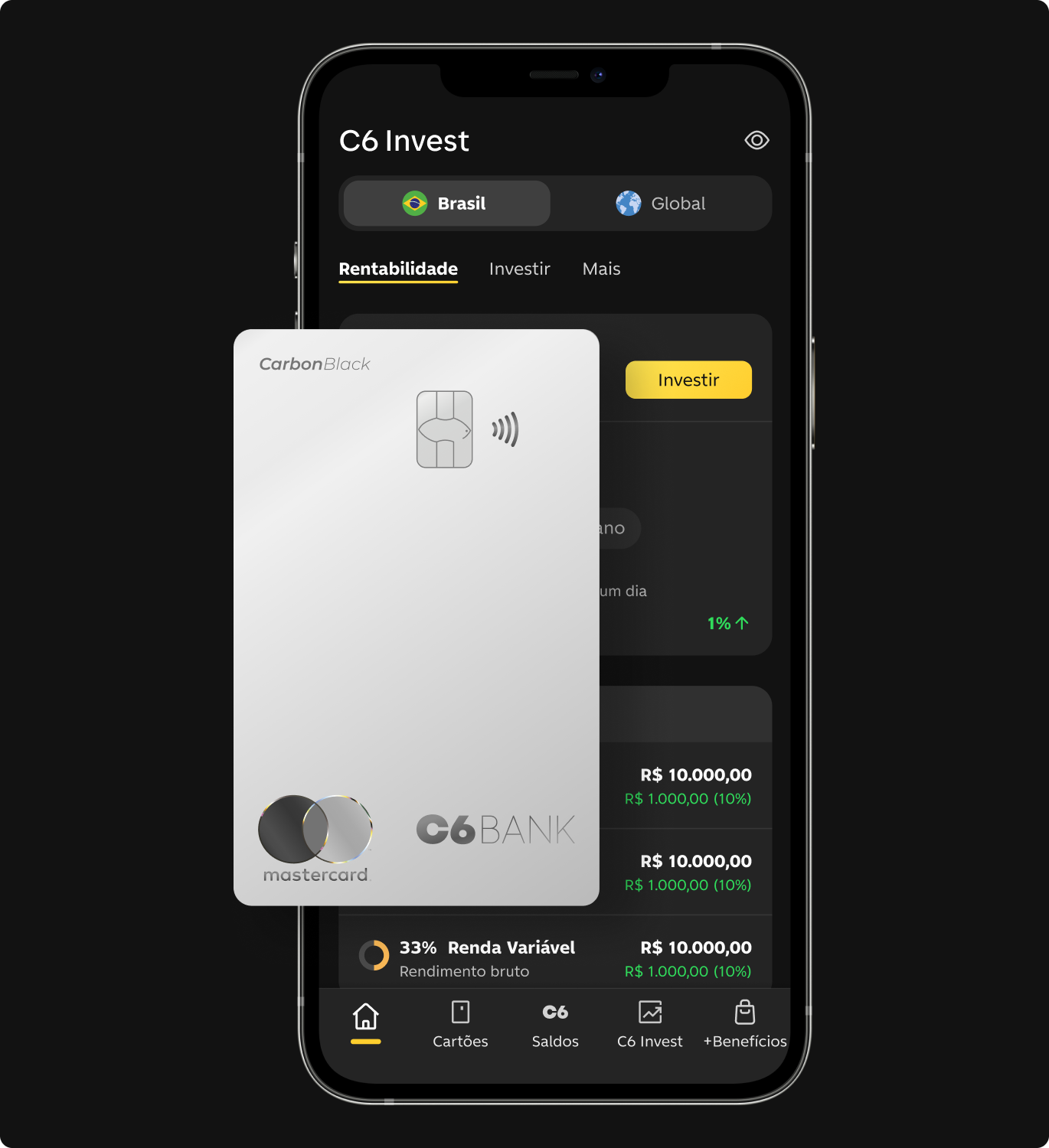 Imagem de celular aberto no app do C6 Bank, na tela de C6 Invest, com um cartão Black na cor cinza sobreposto