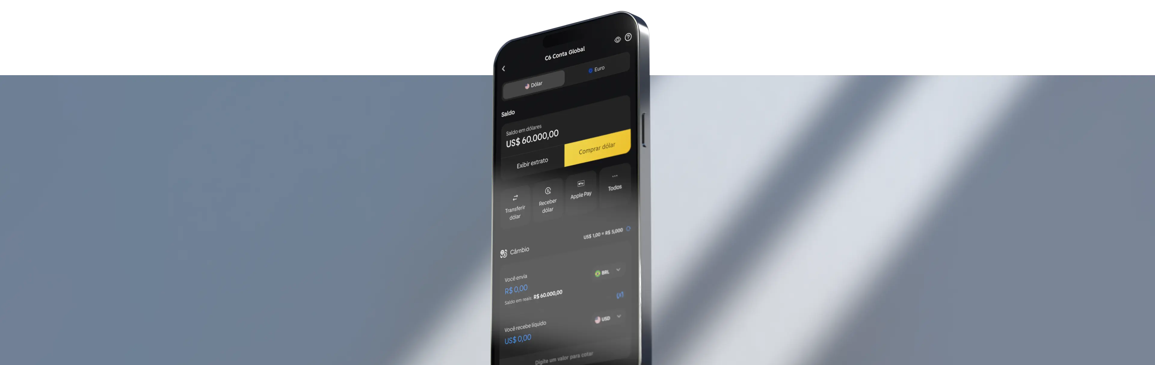 C6 Conta Global Celular exibe a tela inicial da C6 Conta Global no app C6 Bank sobre fundo com feixe de luz.