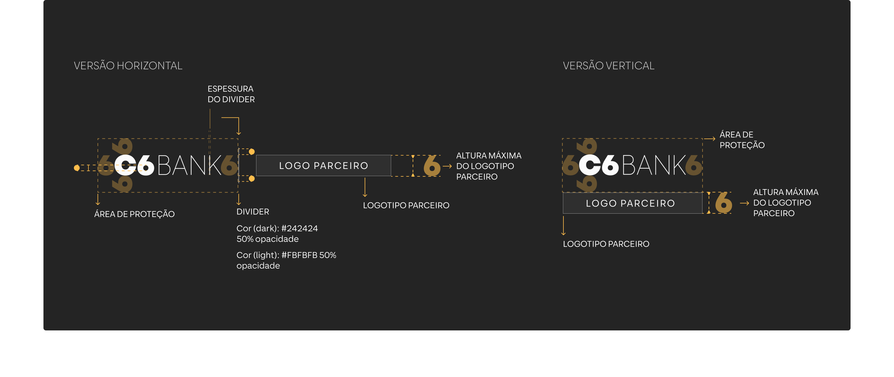 Regras de co-branding com área de proteção e medidas.