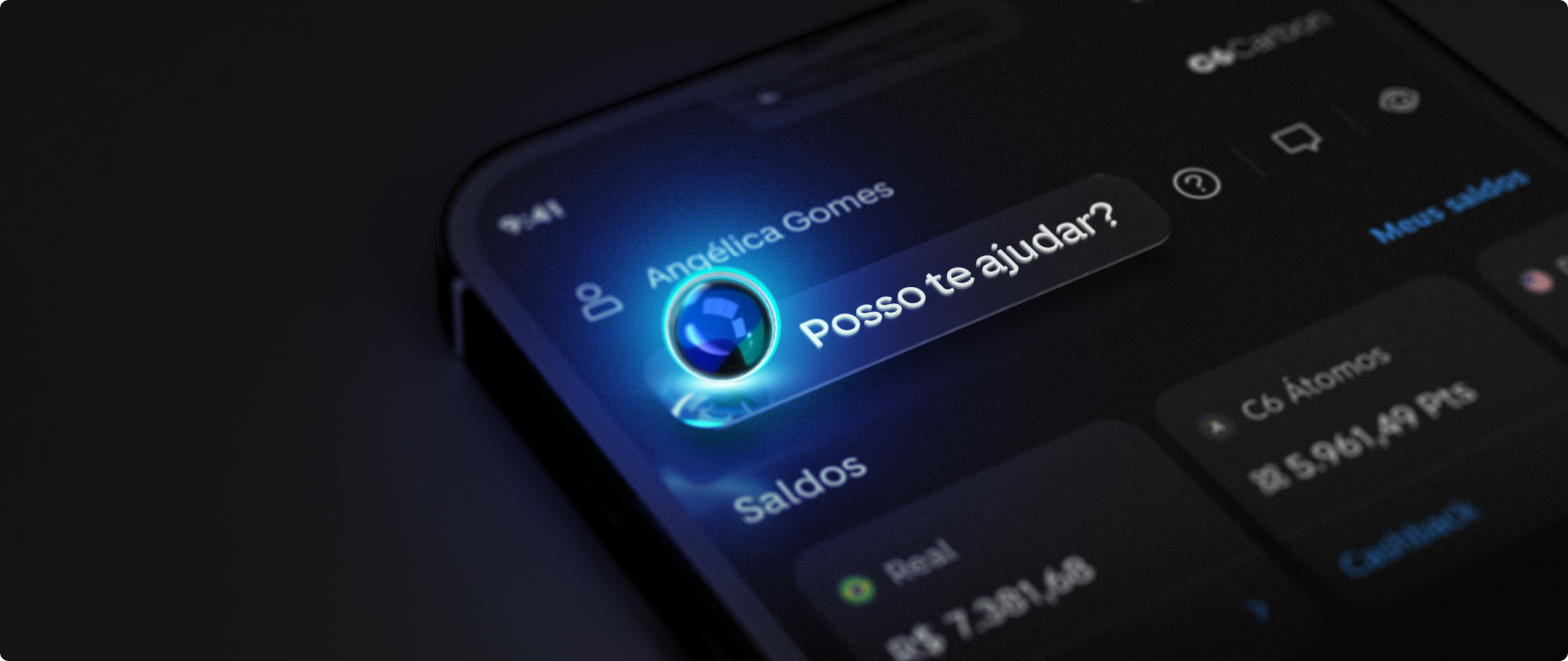 Tela do app C6 Bank com o C6 Assistant, representado por uma esfera azul, e texto "Posso te ajudar?