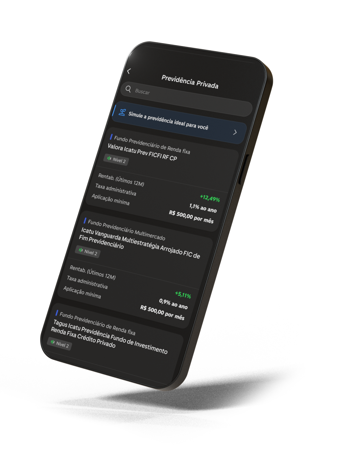 Tela do app C6 Bank exibe opções de previdência privada com rentabilidade e valores de aplicação.