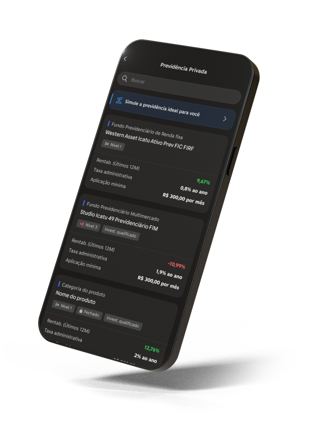 Celular com aplicação da tela da aba de Previdência Privada, dentro do app do C6 Bank, com a listagem de fundos disponíveis e suas rentabilidades.