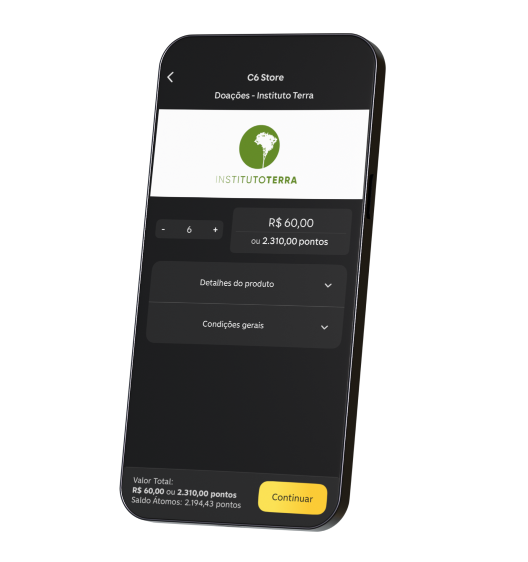 Tela do app C6 Bank com opção de doação ao Instituto Terra por R$ 60 ou 2.310 pontos Átomos.