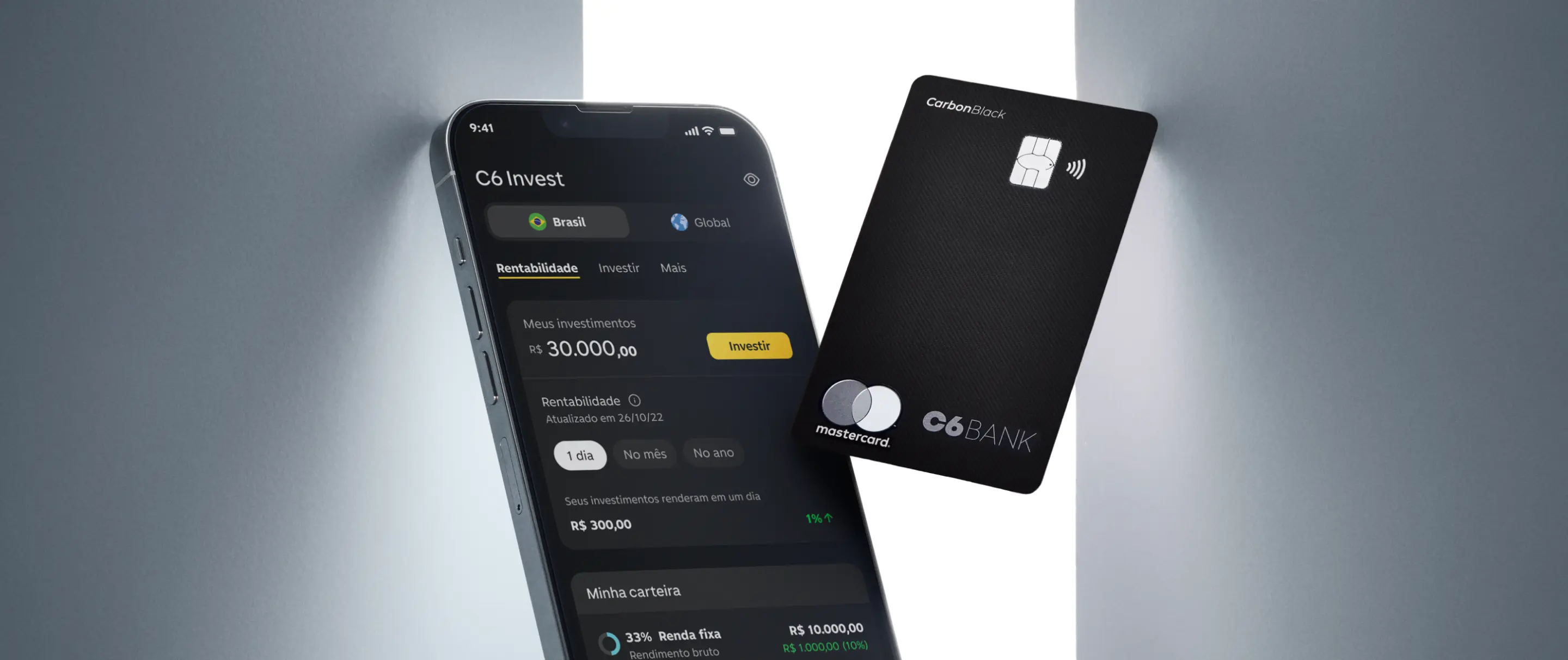 App C6 Invest aberto ao lado do Cartão C6 Carbon. Visual limpo e moderno destaca tecnologia e investimentos.