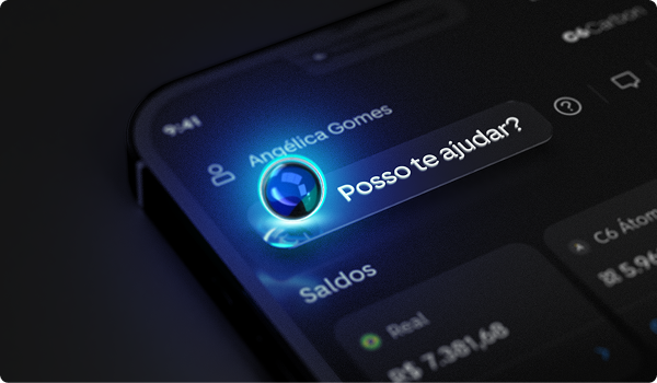 Tela do app C6 Bank destaca o assistente virtual iluminado.