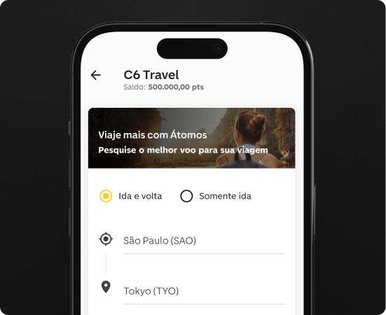 Tela do app do C6 Bank exibe a seção de compra de passagens, com origem de São Paulo e destino a Tokyo