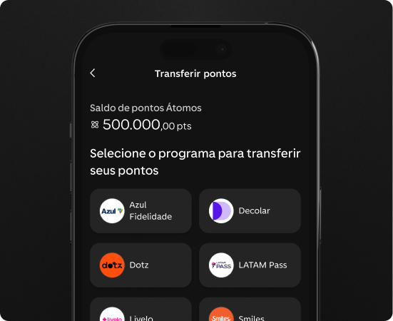 Tela do app do C6 Bank exibe a seção de transferência de pontos Átomos para os programas Azul Fidelidade, Decolar, Dotz, LATAM Pass, Livelo e Smiles