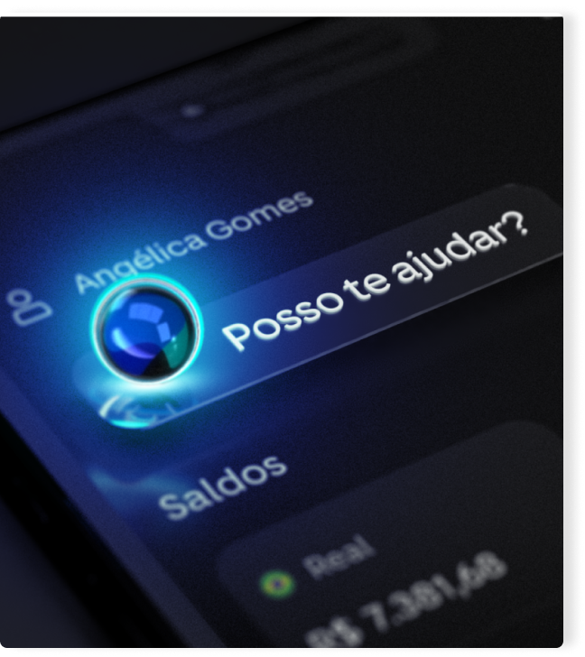 Tela do app do C6 Bank exibe o C6 Assistant, assistente virtual representado por uma orbe azul, com a mensagem “Posso te ajudar?”.