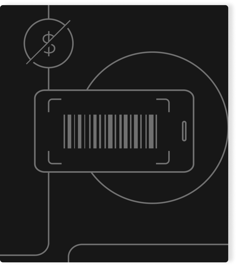 Celular exibindo um código de barras na tela, com um cifrão riscado no canto superior.