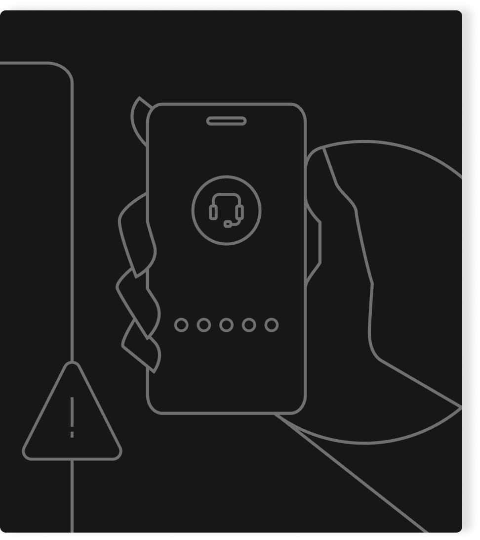 Desenho de uma mão segurando um celular com um ícone de headset na tela. Ao lado, um triângulo com um ponto de exclamação.