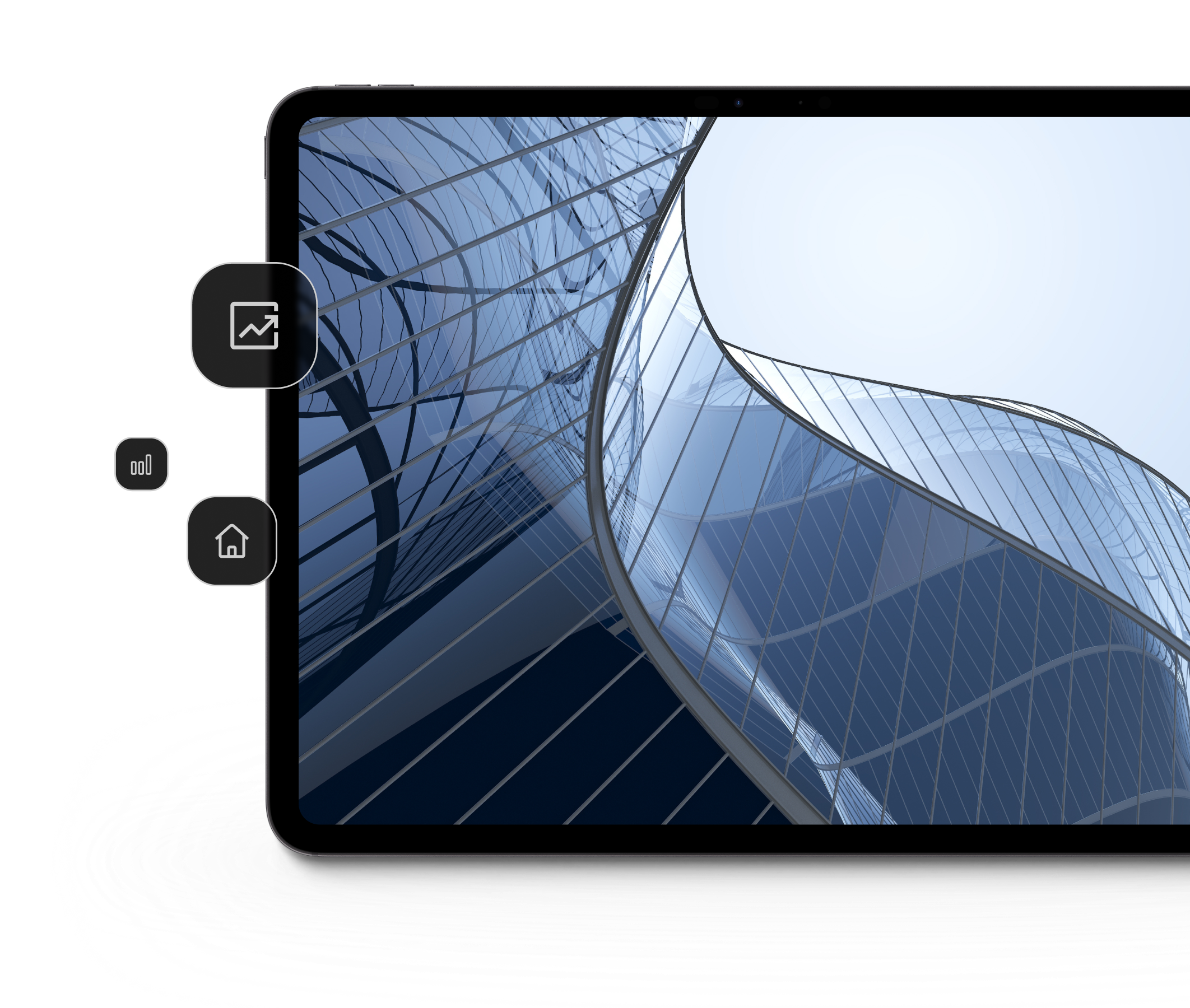 Tela de tablet com um prédio moderno de vidros visto de baixo e ícones de investimentos e imóvel saindo da tela.