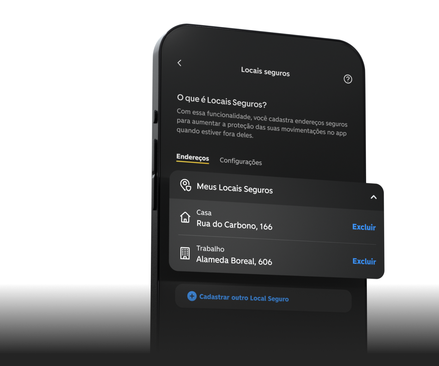 Fotografia de celular aberto dentro do app do C6 Bank, na parte de Locais Seguros, com "Meus Locais Seguros" em destaque
