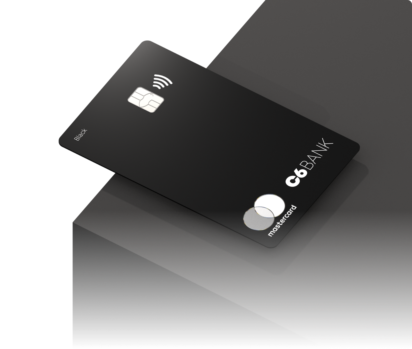Cartão C6 Black com acabamento fosco, sobre fundo escuro e iluminado lateralmente.