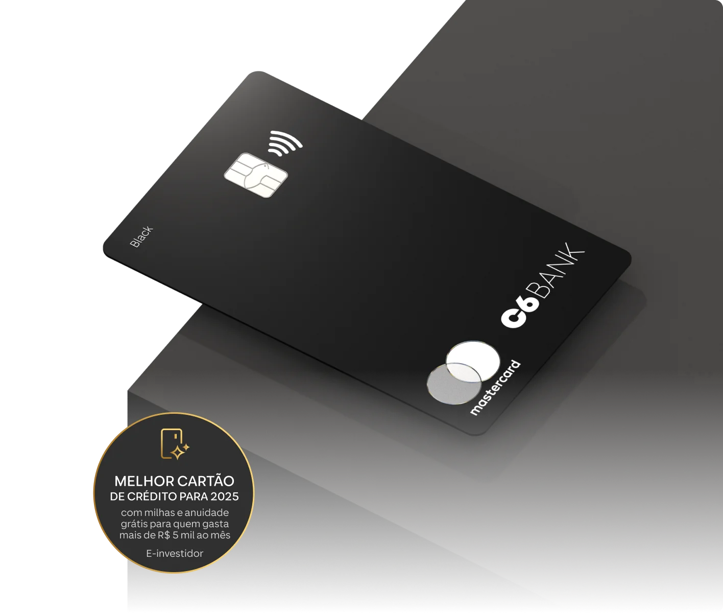 Cartão C6 Mastercard Black com selo “Melhor Cartão de Crédito para 2025”, destacado sobre fundo escuro.