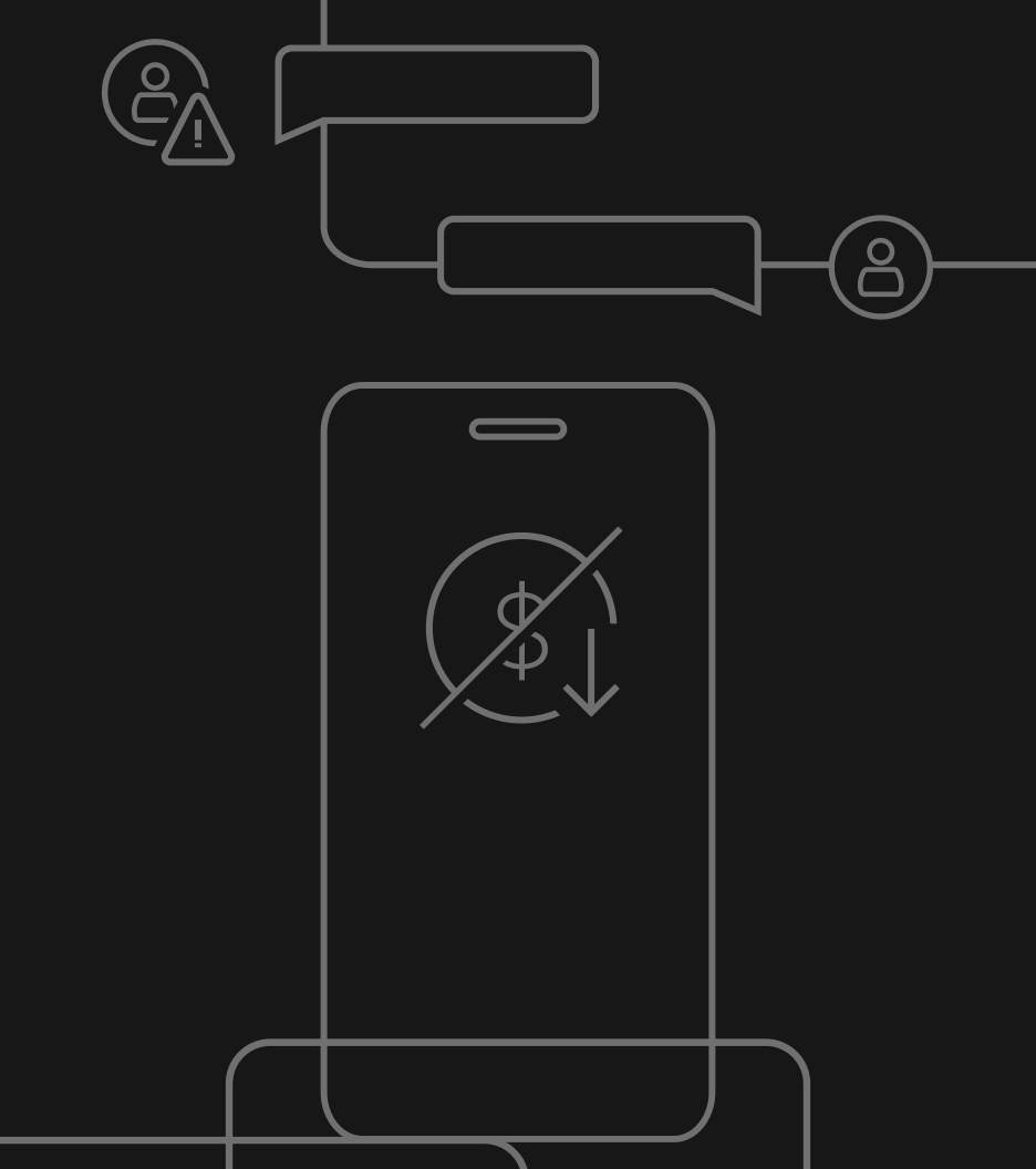 Celular com um ícone de transação financeira cortada na tela, cercado por balões de conversa e um alerta de perfil.