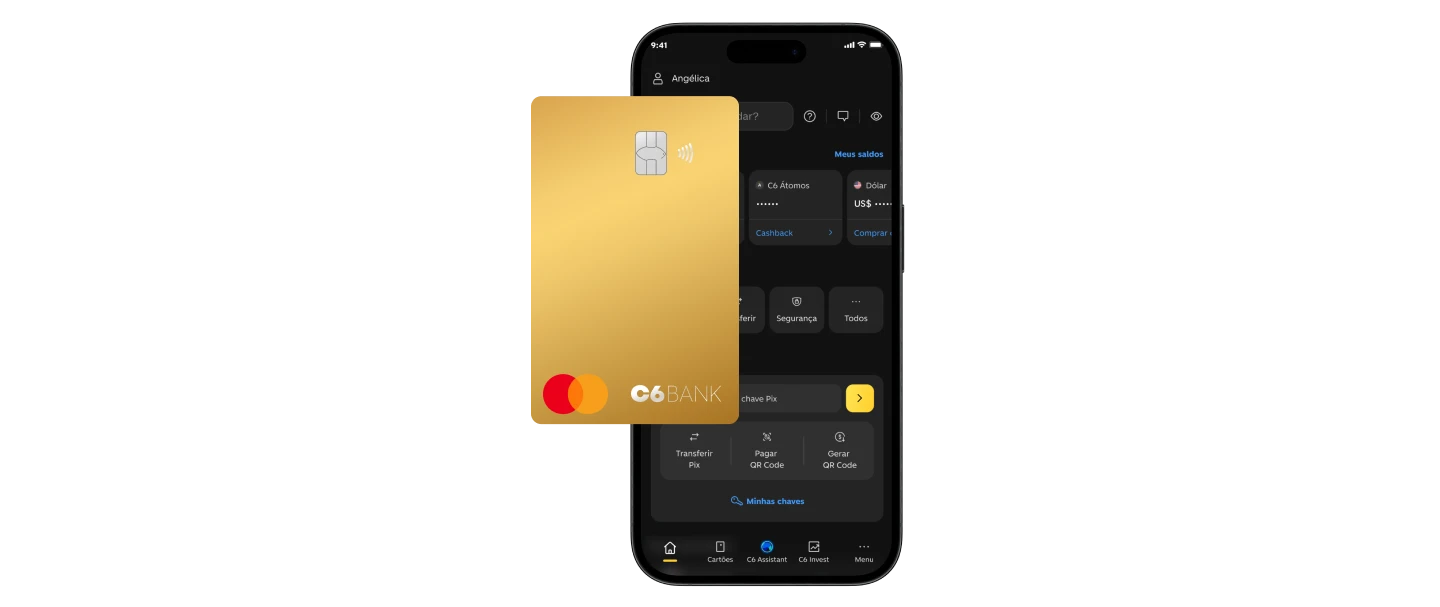 Imagem de celular aberto no app do C6 Bank e de cartão Gold do C6 Bank