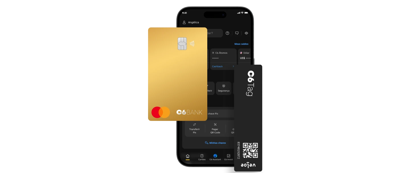 Imagem de celular aberto no app do C6 Bank e de cartão Gold do C6 Bank e a tag de pedágio do C6 Bank