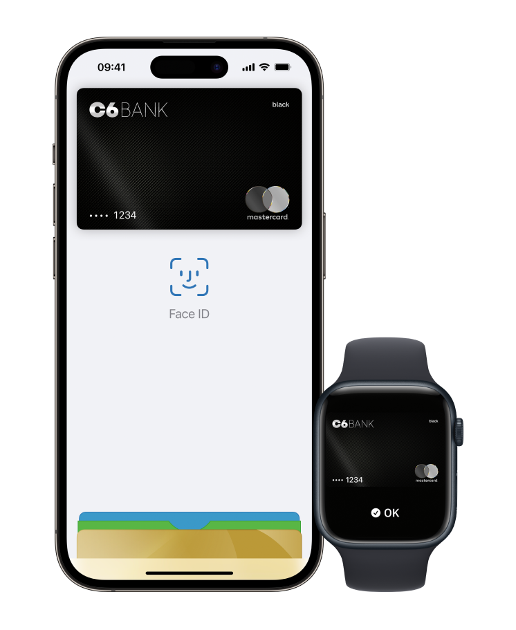 iPhone com Apple Pay aberto no Cartão C6 Carbon com Apple Watch ao lado