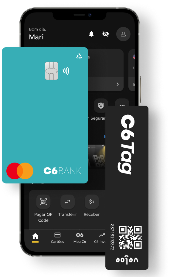 Cartão C6 Acqua sobre celular aberto no app C6 Bank com C6 Tag ao lado