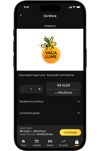 Celular aberto com app C6 Bank no menu de C6 Store simulando uma doação para a associação Vagalume