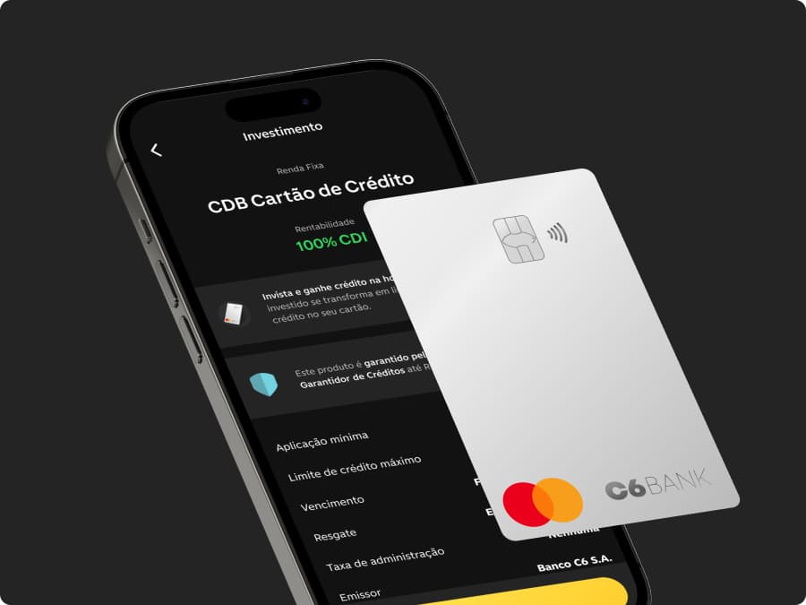 Celular aberto com app C6 Bank aberto na função CDB Cartão de Crédito e cartão C6 silver