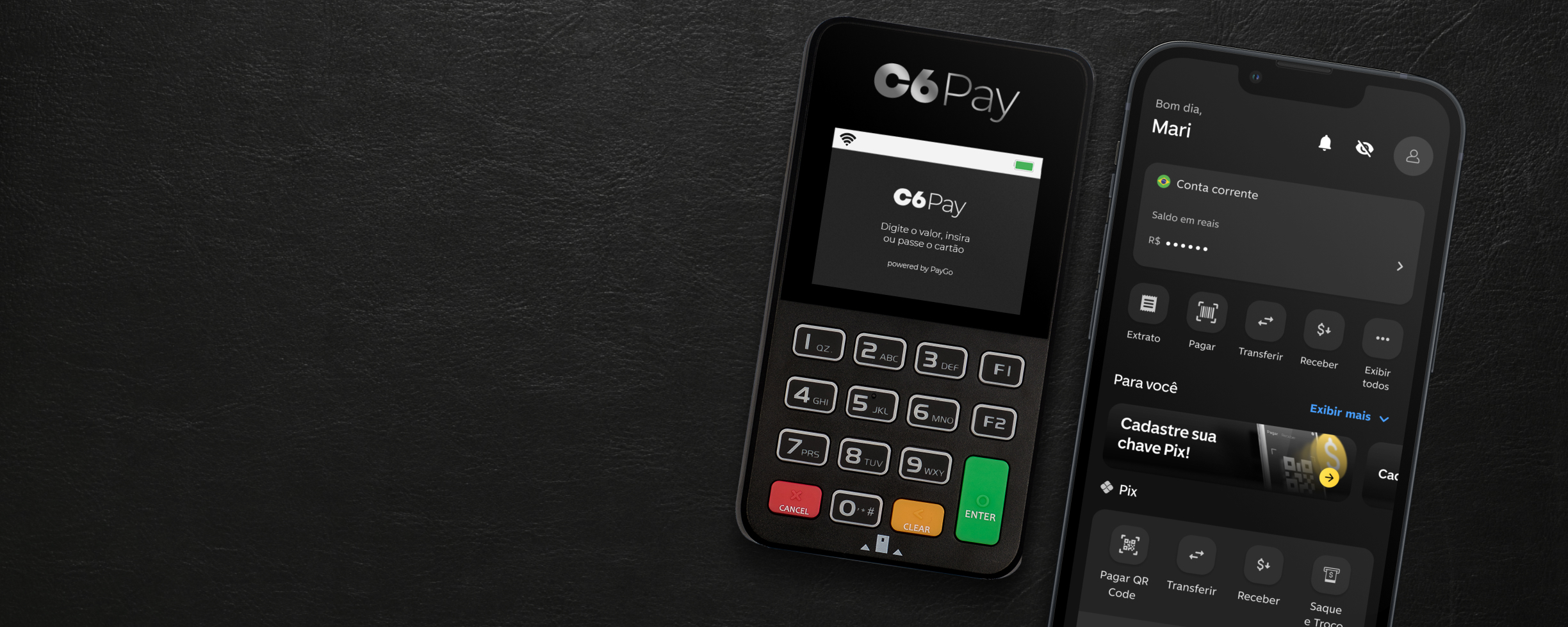 Maquininha c6 pay e celular com app C6 Bank aberto