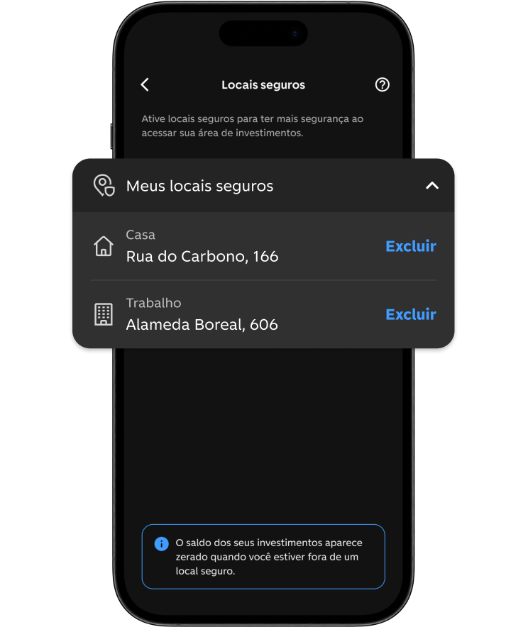 Celular aberto no app C6 Bank na opção de Locais Seguros.