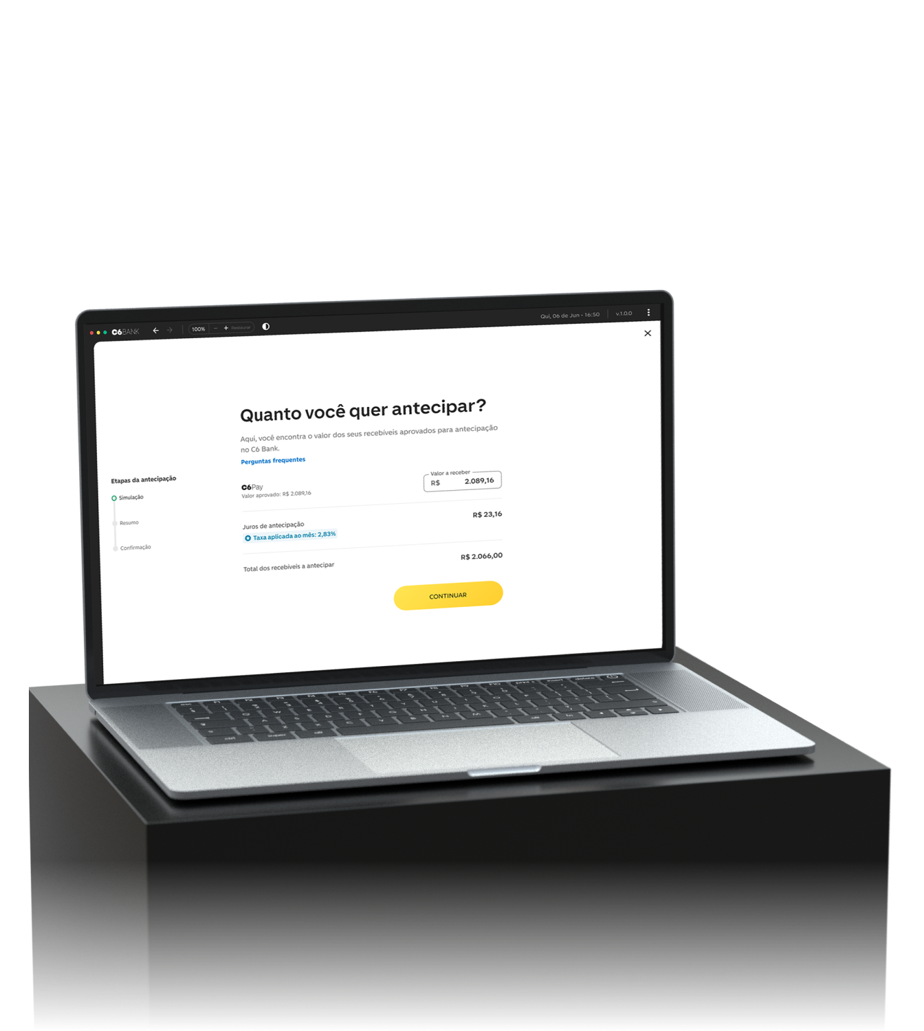 Notebook mostra simulação de antecipação de recebíveis no site do C6 Bank.