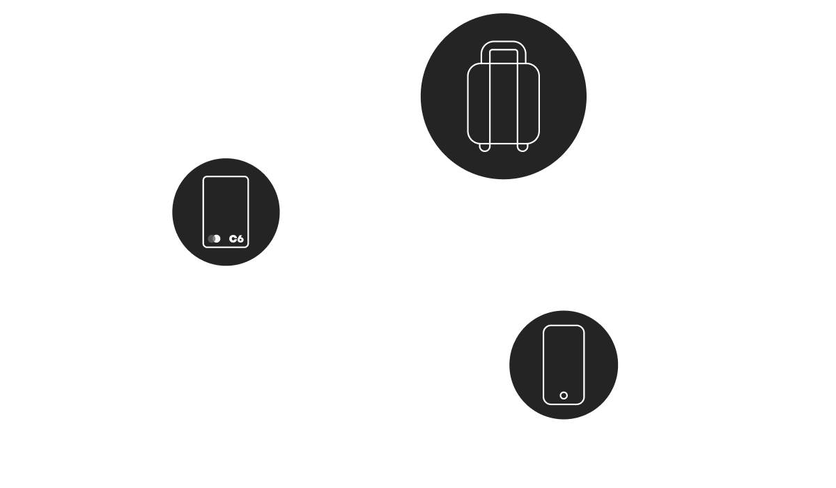 Ilustração de átomo com círculos preenchidos com ilustrações de cartão, mala de viagem e celular.