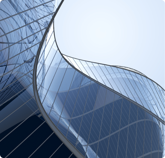 Edifícios de vidro com linhas curvas e reflexos em tons de azul.