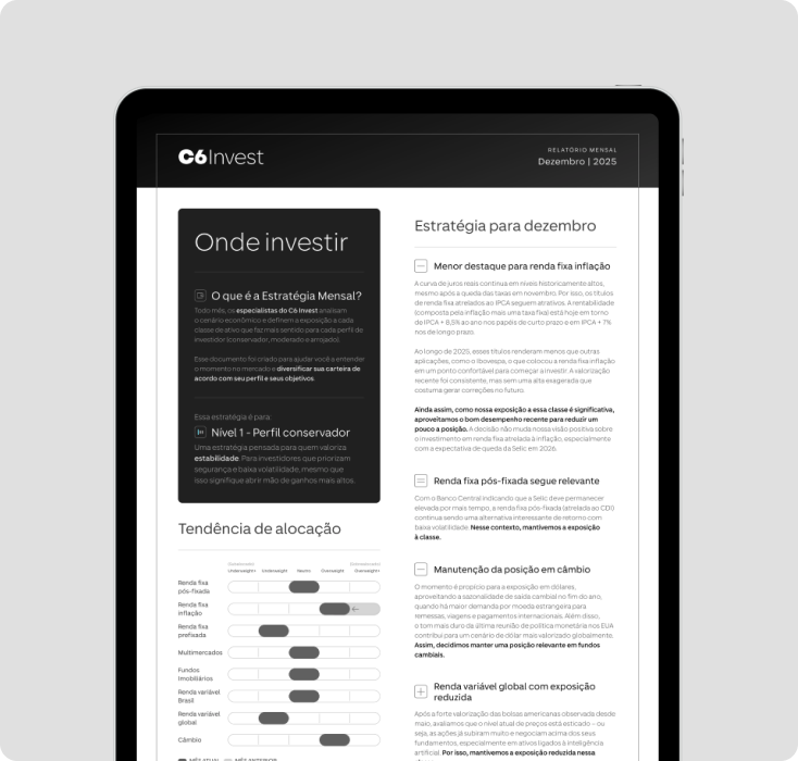 Tablet exibe relatório da C6 Invest com recomendações de investimento e estratégia de alocação.