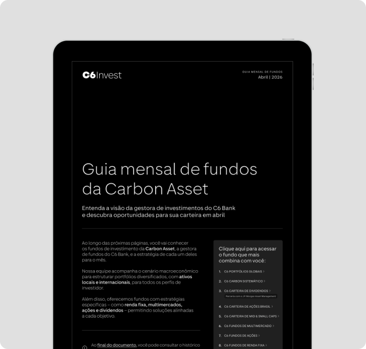 Tablet exibe guia mensal de fundos da Carbon Asset, com estratégias e oportunidades de investimento.