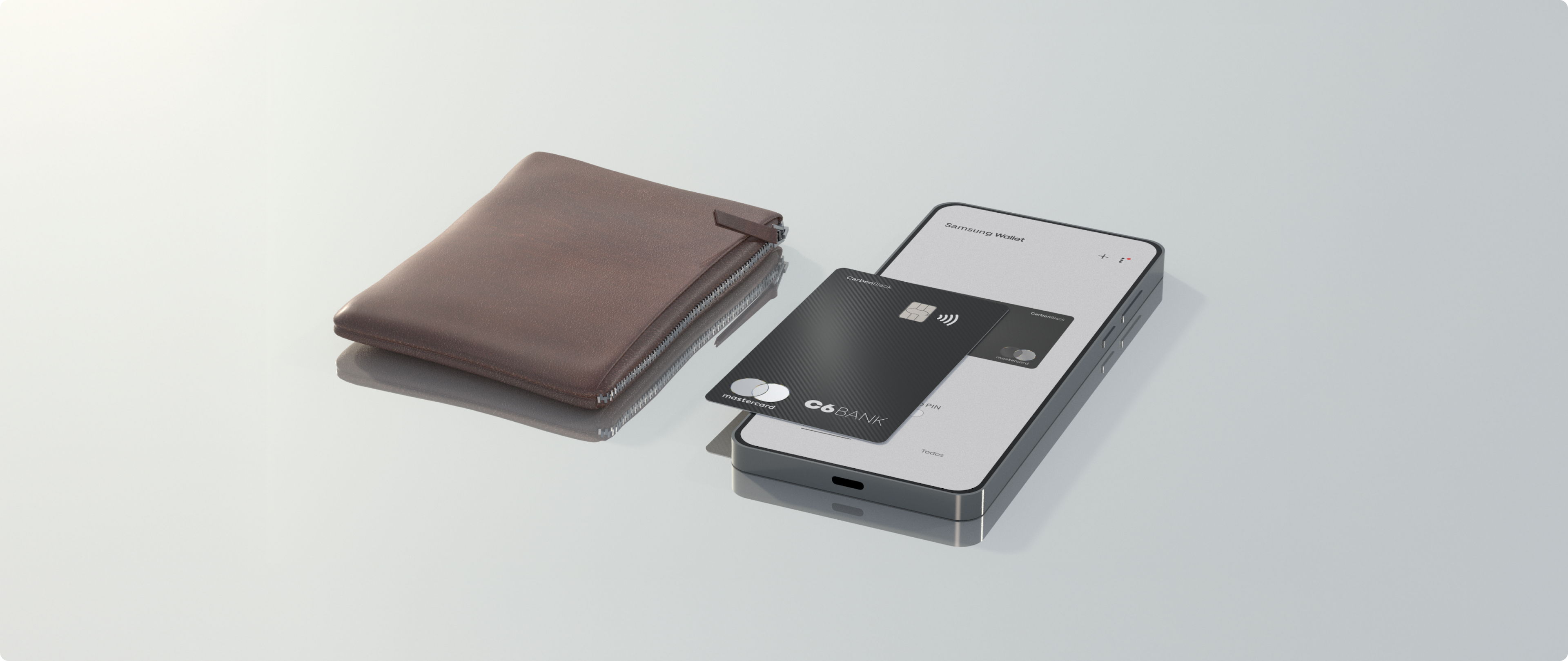 Celular Samsung Pay e cartão Fotografia de um celular aberto na Samsung Wallet com o cartão C6 Carbon sobreposto, ao lado de uma carteira marrom.