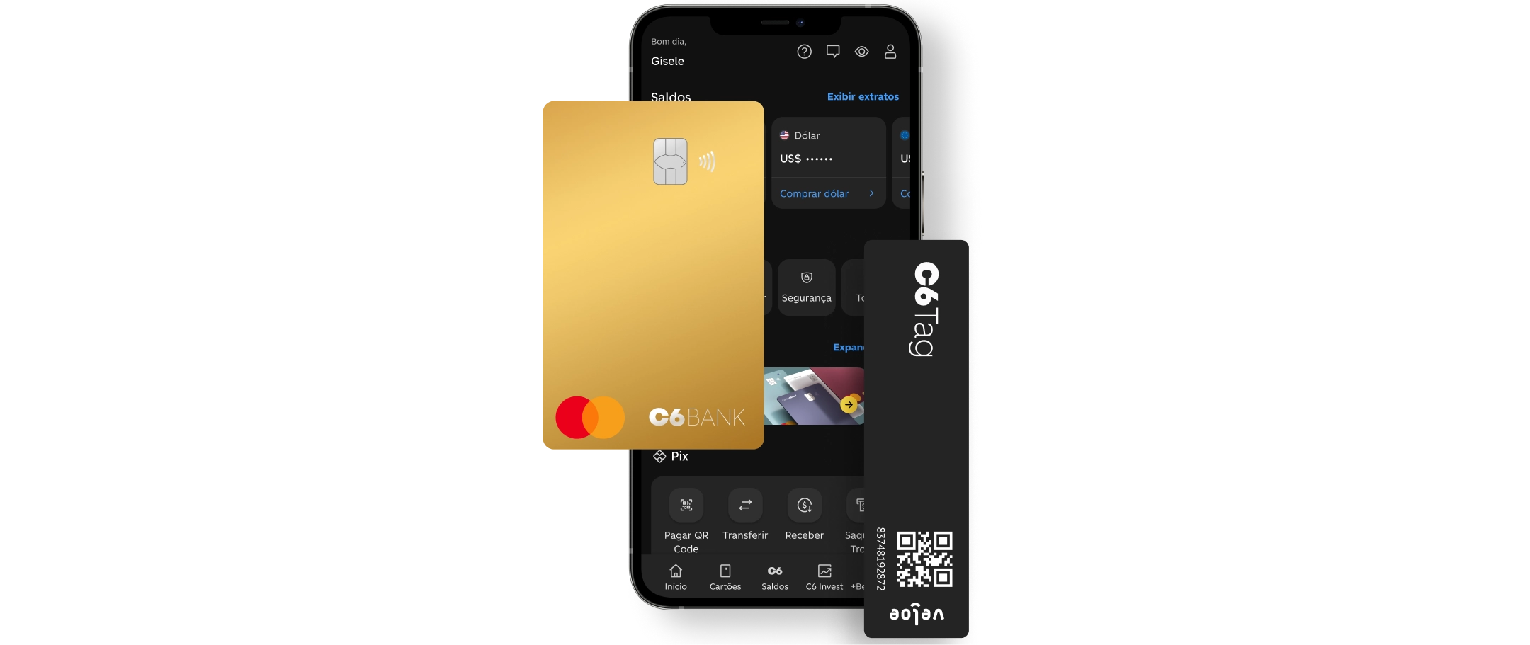 Imagem de celular aberto no app do C6 Bank e de cartão Gold do C6 Bank e a tag de pedágio do C6 Bank