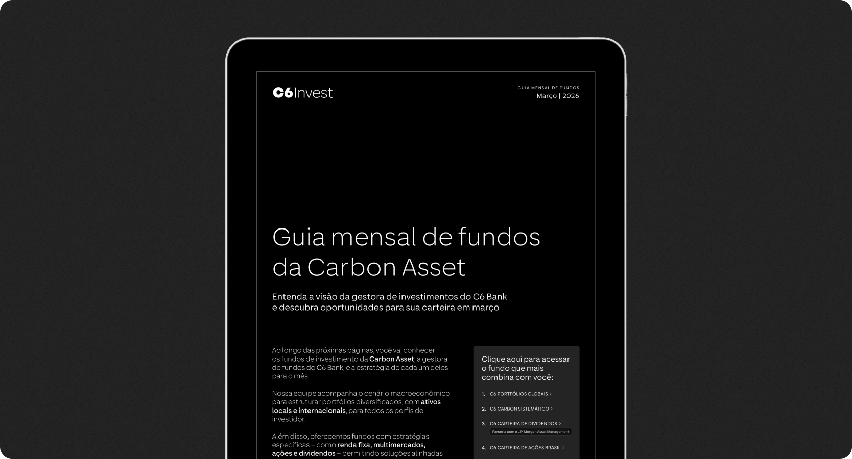 Tela de tablet com a capa do documento de título Guia mensal de fundos da Carbon Asset