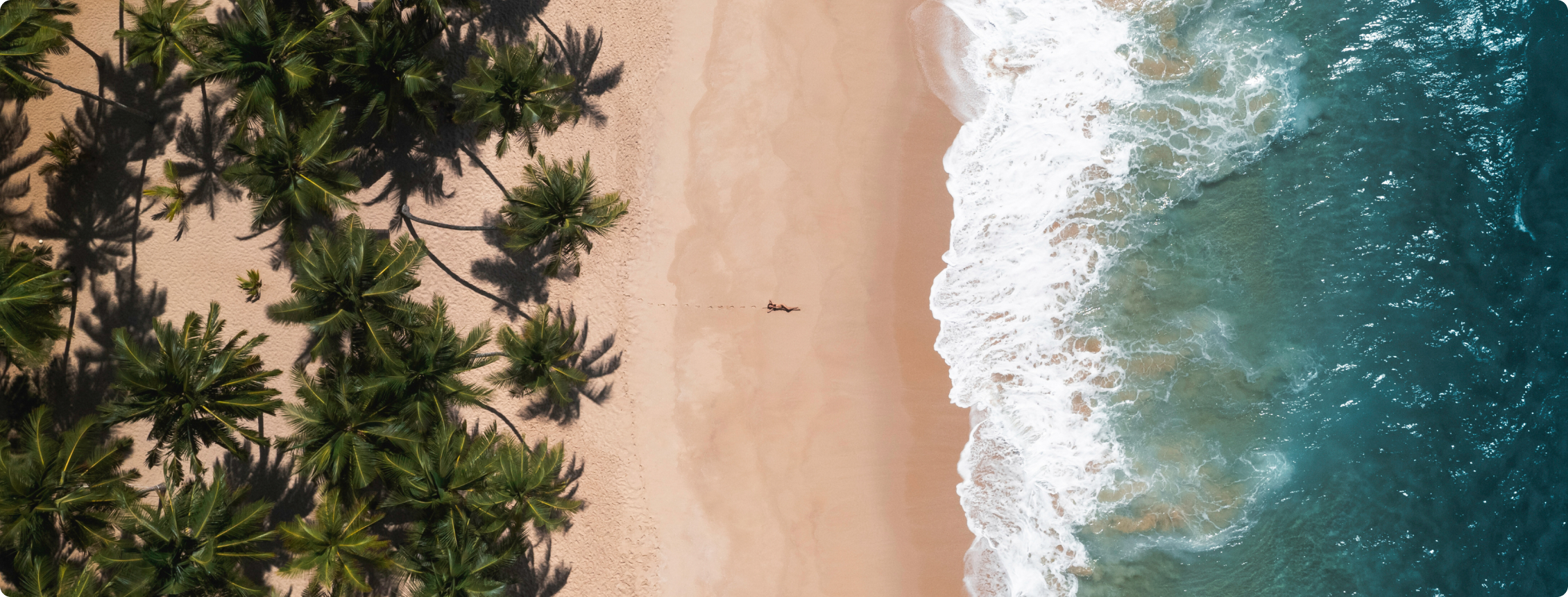 Vista aérea de praia em Itacaré com coqueiros, faixa de areia clara, mar azul-esverdeado e uma pessoa próxima à beira-mar.