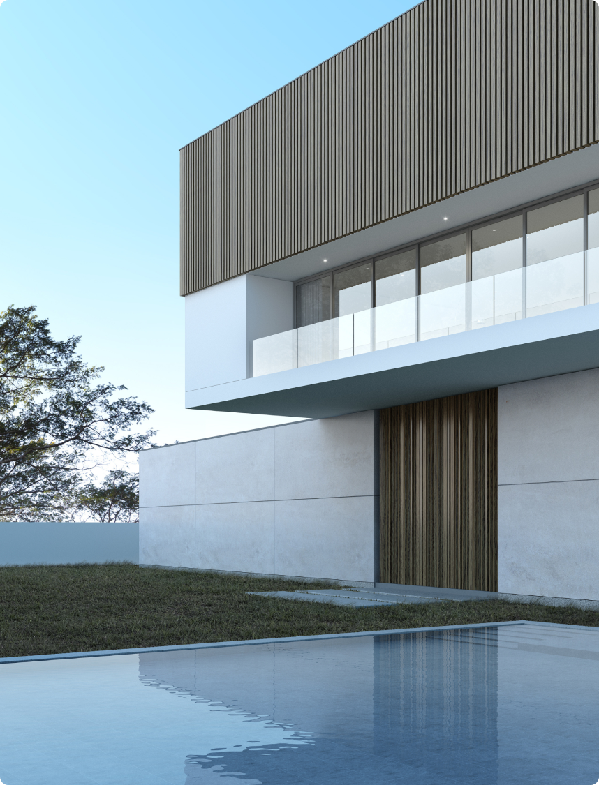 Fotografia de casa com piscina no térreo e varanda no segundo andar.