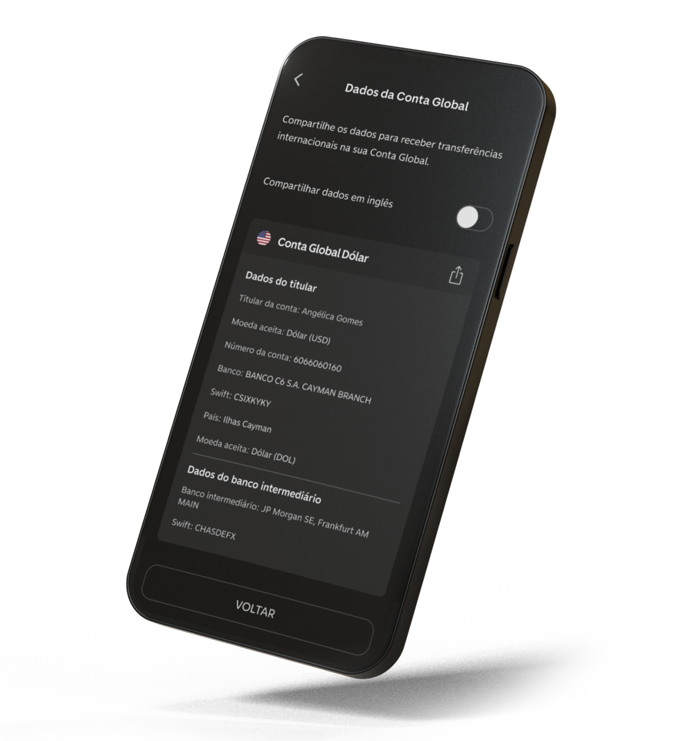 Tela do app C6 Bank mostra dados da Conta Global para transferências internacionais, incluindo Código Swift.