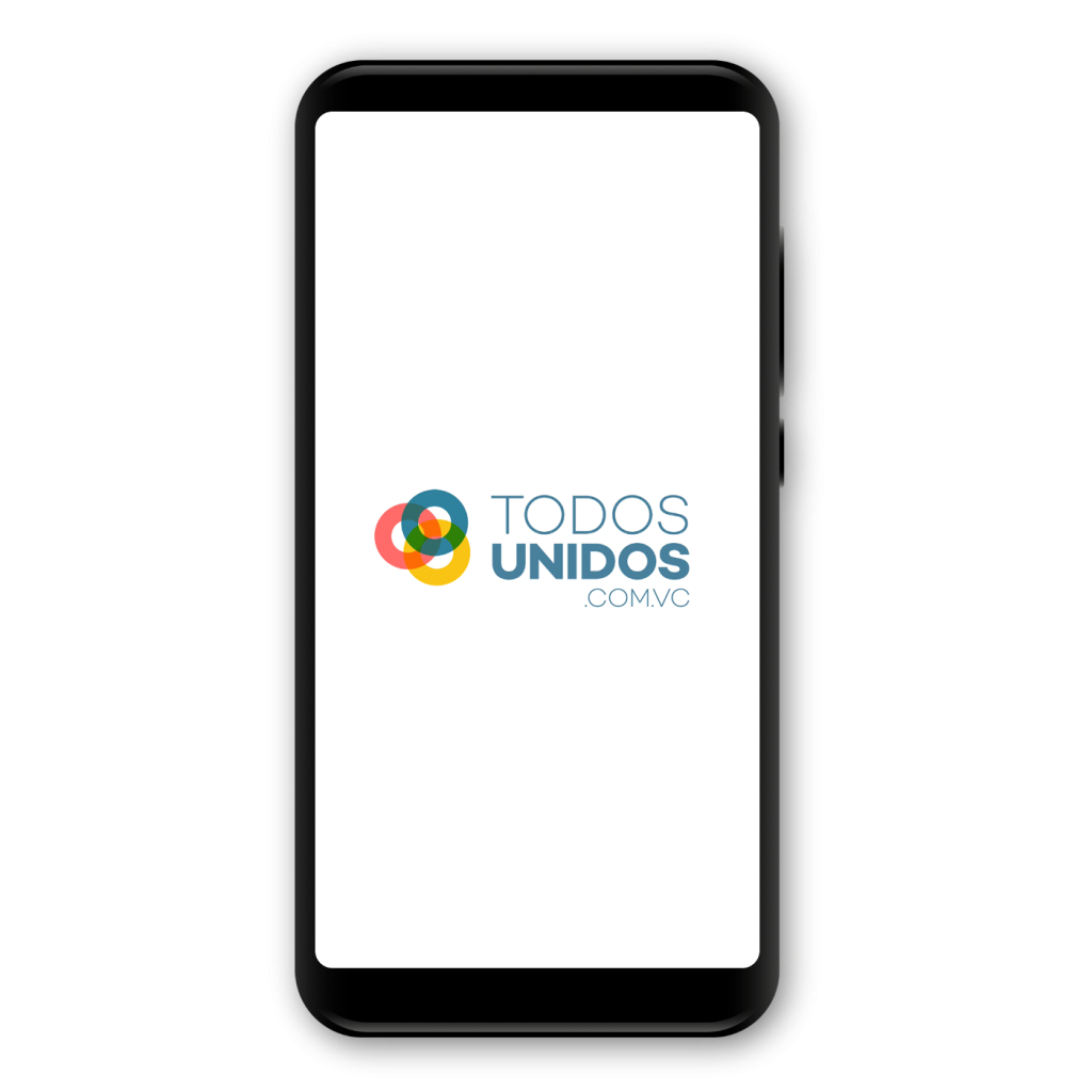 Imagem mostra smartphone com uma tela branca em que está escrito &quot;todos unidos.com.vc&quot; com letras azuis