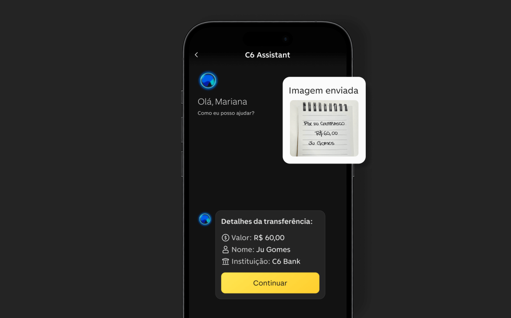 Tela do C6 Assistant no app do C6 Bank com uma imagem enviada pelo cliente, detalhando uma transferência Pix de R$ 60,00 para Ju Gomes, incluindo nome do destinatário e banco, pronta para confirmação.