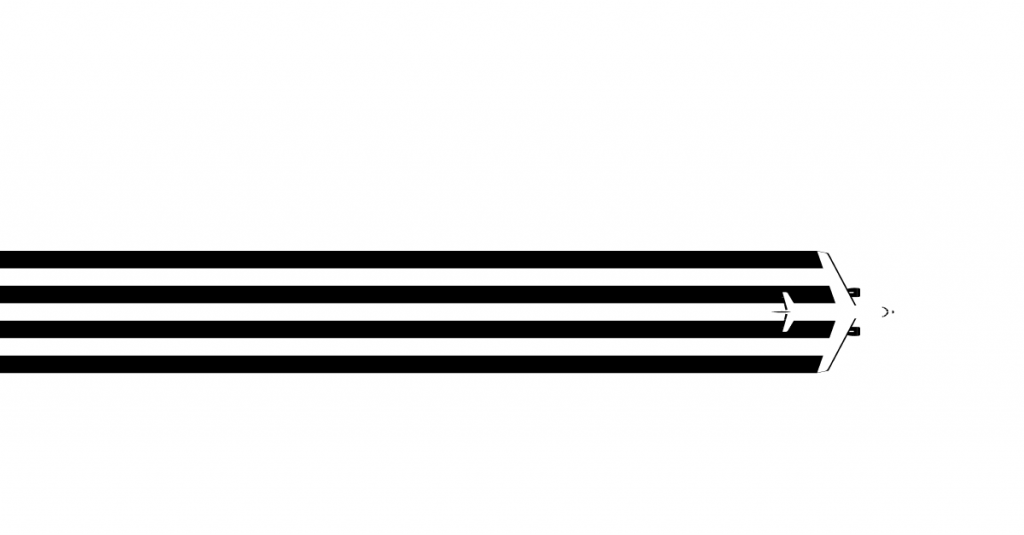 Ilustração em preto e branco de um avião na horizontal seguido de quatro listras pretas atrás dele