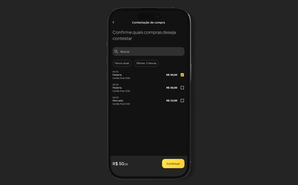 imagem do app do C6 Bank aberto na página de contestação de compra