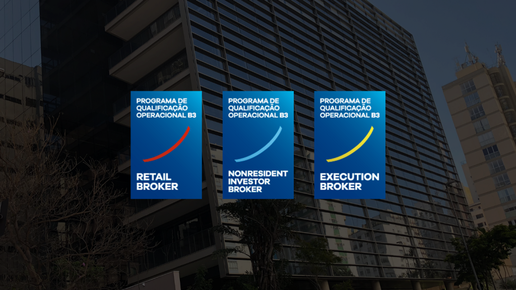 Card com imagem da fachada do C6 Bank ao fundo, escurecida, e três cards na frente. No primeiro, está escrito &quot;Retail Broker&quot;. No segundo, está escrito &quot;Nonresident Investor Broker&quot;. No terceiro, &quot;Execution Broker&quot;.