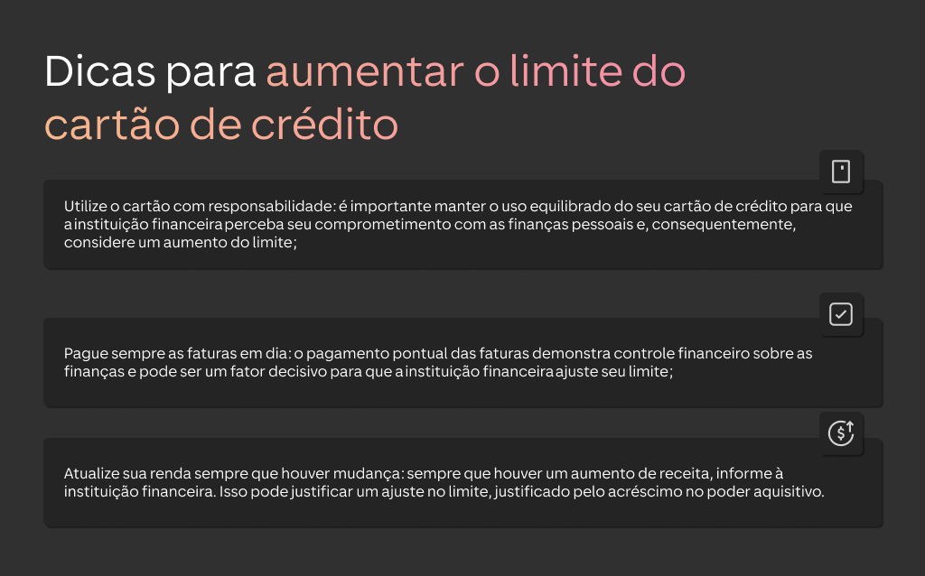 Dicas para aumentar o limite do cartão de crédito, com orientações sobre uso responsável, pagamento em dia e atualização de renda para instituições financeiras.