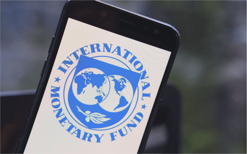 Tela do celular mostrando a logo do FMI oficial, escudo, mapa mundi e o título &quot;International Monetary Fund&quot; em círculo