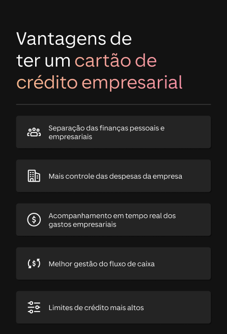 infográfico que lista as vantagens de ter um cartão empresarial: Separação das finanças pessoais e empresariais    Mais controle das despesas da empresa   Acompanhamento em tempo real dos gastos empresariais    Melhor gestão do fluxo de caixa   Limites de crédito mais altos 