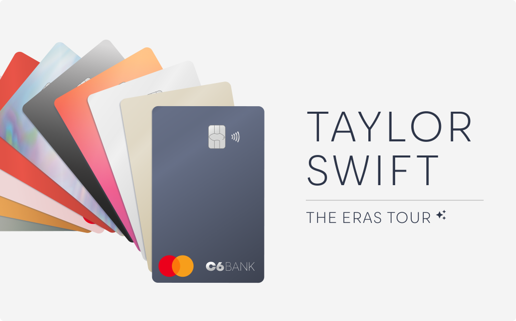 Imagens de cartões do C6 Bank com o escrito Taylor Swift The Eras Tour
